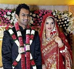 Holy Bound: Tennis star Sania Mirza and Pakistani cricketer Shoaib Malik during their Nikah ceremony in Hyderabad on Monday. PTI