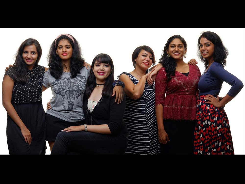 women comedians Sneha Suhas, Aarti Shastry, Vaishnavi A B, Madhu Shukla, Balasree Viswanathan and Lavanya Krishna of 'Adamant Eves'.