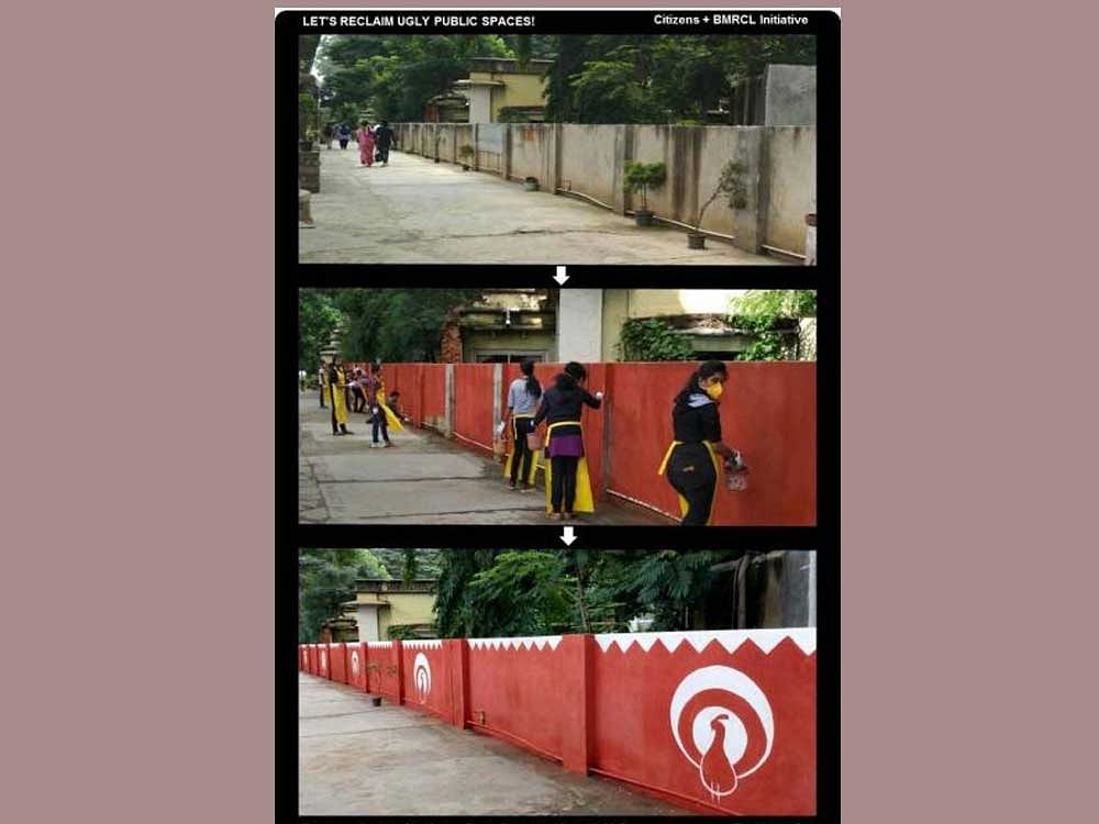 Before-During Work-After.jpeg Volunteers transforming the walls near the SV Road Metro station