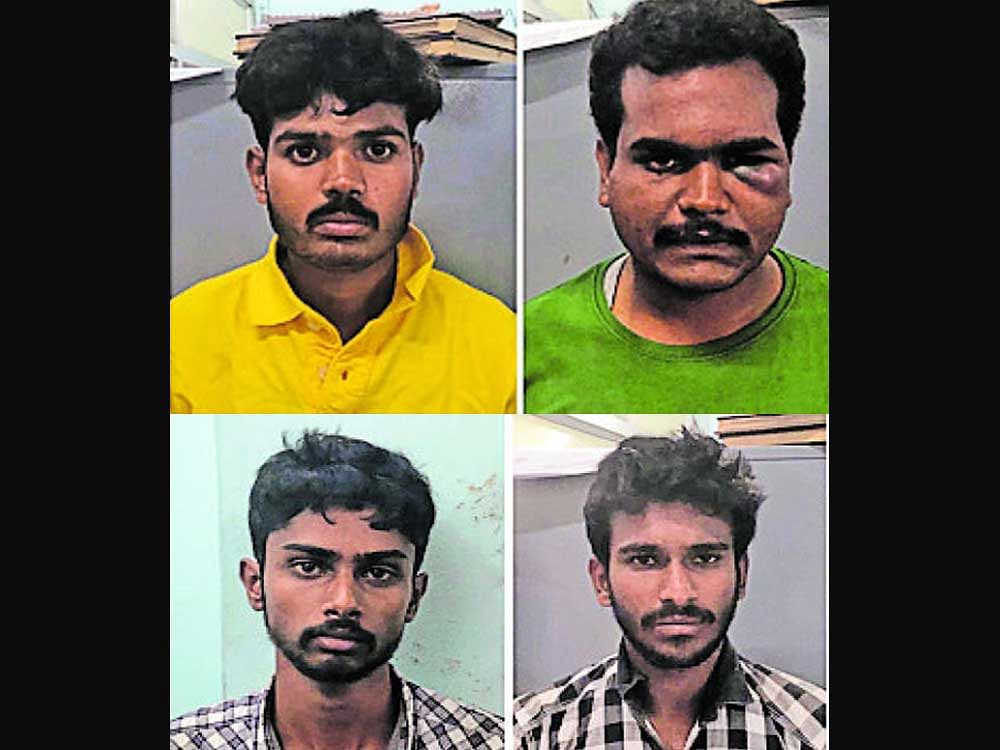 Vishal, Karun, Vinod and Vinay Prasad alias Vicky, the suspects in the kidnap and murder of polytehcnic student Sharath Niranjan. DH Photo