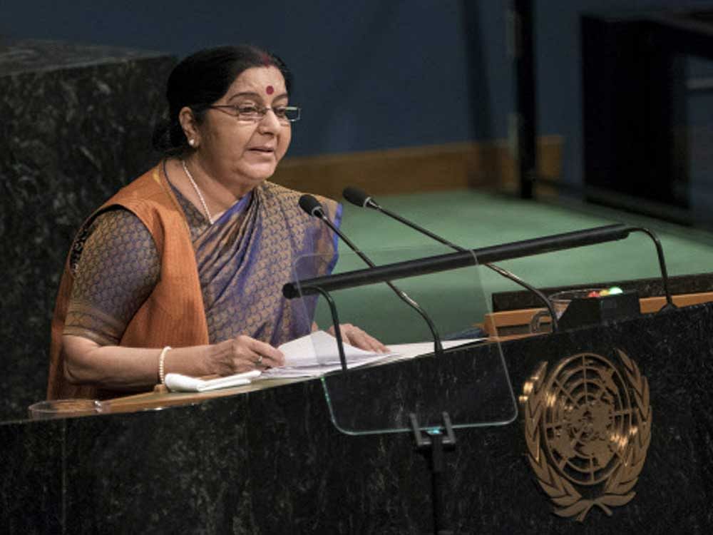 Indian External Affairs Minister Sushma Swaraj addresses the United Nations General Assembly, Saturday, Sept. 23, 2017, at U.N. headquarters. AP/PTI