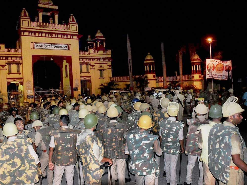 Heavy police personnel deployed at Banaras Hindu University where students were holding a protest in Varanasi. PTI photo