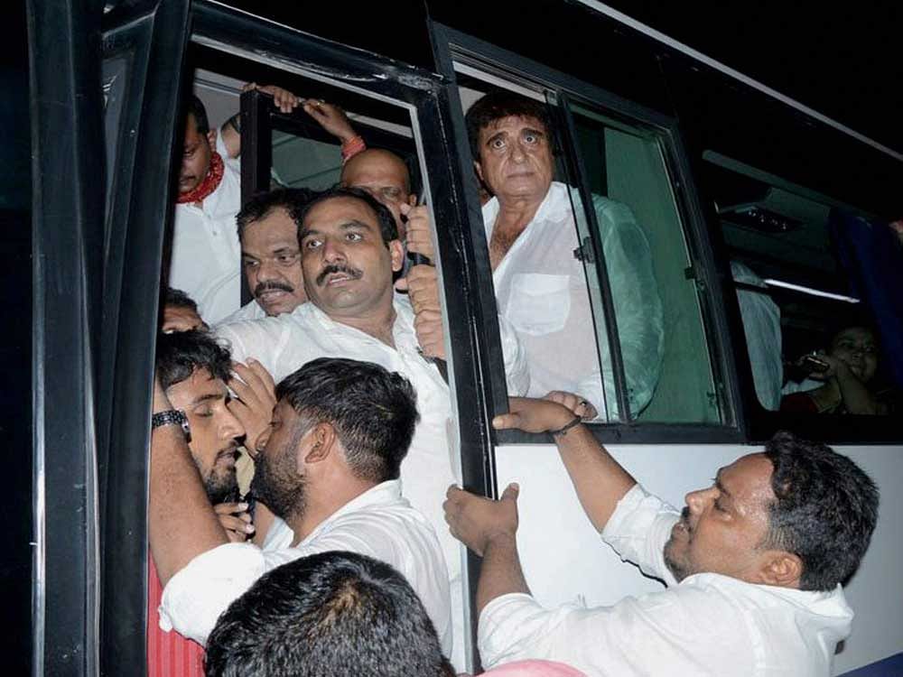 UP Congress President Raj Babbar and other leaders being detained after they held a protest in support of BHU students in Varanasi on Sunday. PTI Photo