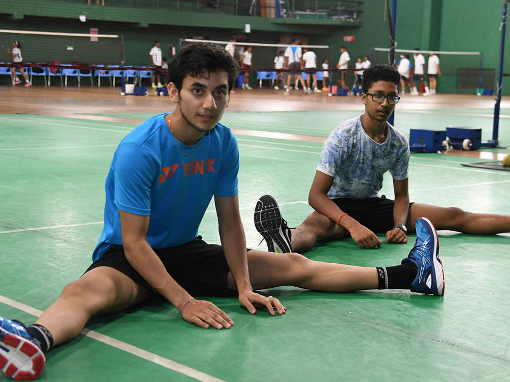 Lakshya Sen and Rahul Bhardwaj during the badminton Junior camp at KBA in Bengaluru. DH Photo