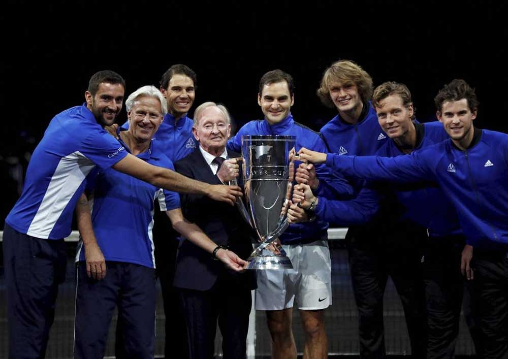 Maiden crown: Laver Cup champions Team Europe hold the trophy with Australian legend Rod Laver (fourth from left) in Prague on Sunday. From left: Marin Cilic, Bjorn Borg, Rafael Nadal, Roger Federer, Alexander Zverev, Tomas Berdych and Dominic Thiem. AP/PTI