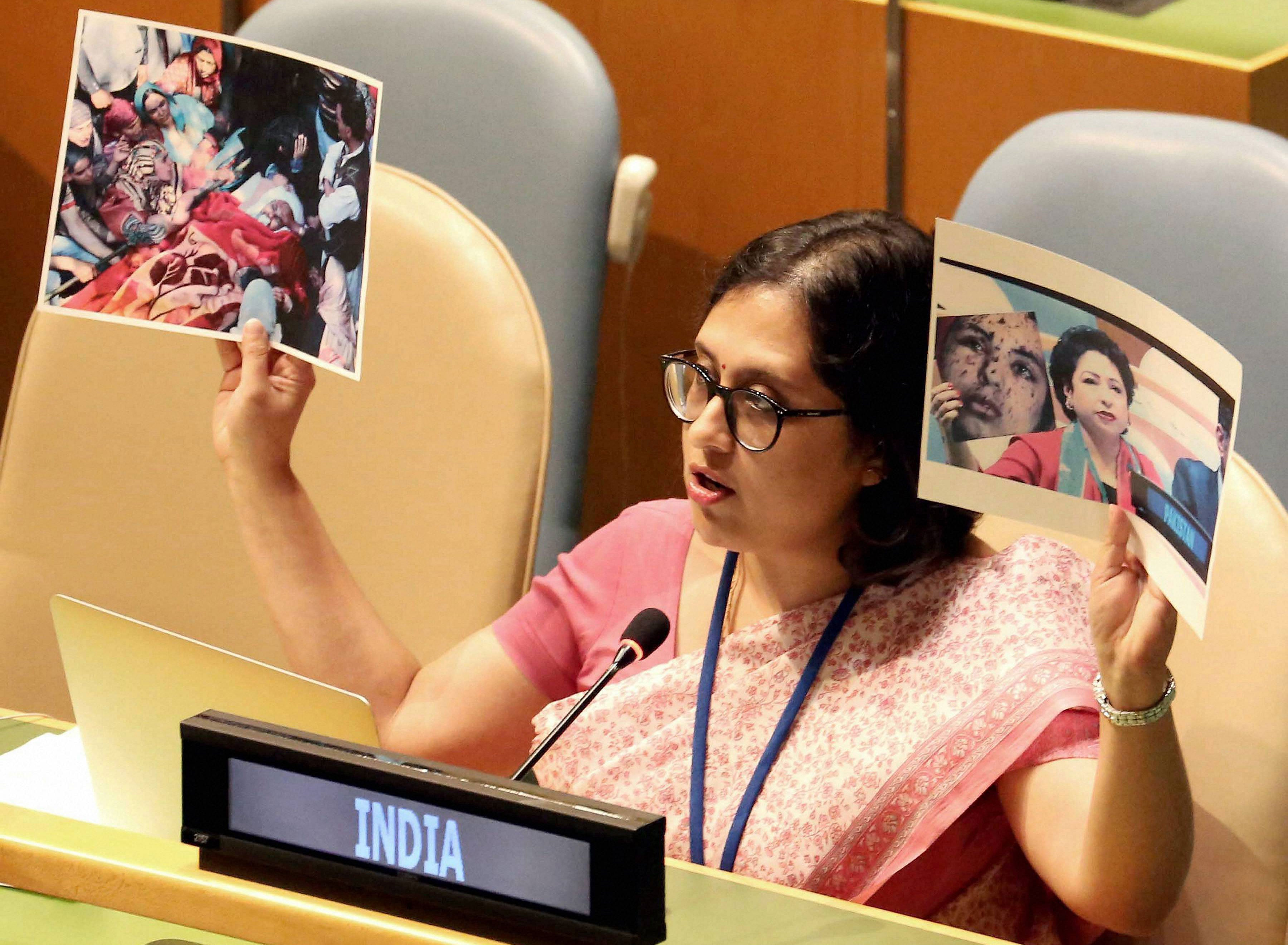 Paulomi Tripathi, Permanent Mission of India to UN reply to Pakistan at UNGA with real picture of Pak-sponsored terrorism in J&K, during the 72nd United Nations General Assembly (UNGA) in New York on Monday. PTI Photo