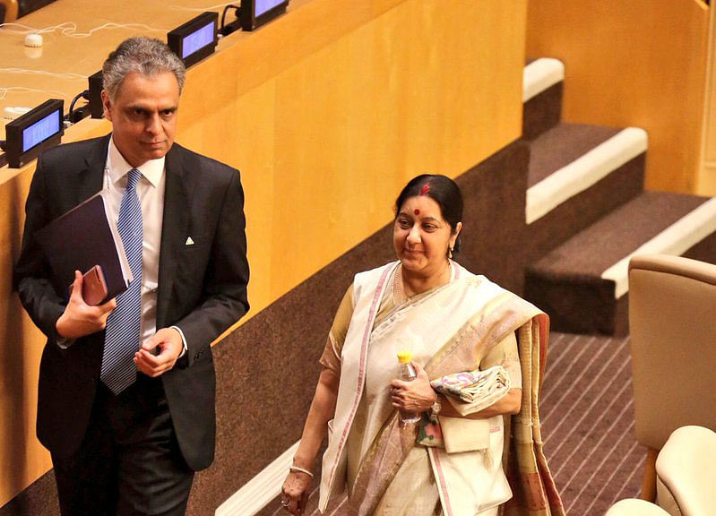 India's Permanent Representative to the UN, Syed Akbaruddin and Sushma Swaraj. Picture courtesy Twitter