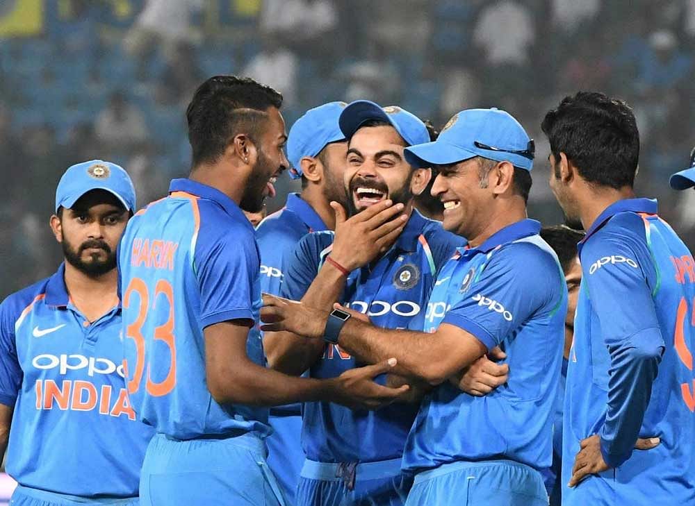 Joyous bunch: Indian cricketers had plenty to celebrate in the series against Australia, with youngsters like Hardik Pandya blooming under the guidance of Virat Kohli and M S Dhoni. PTI