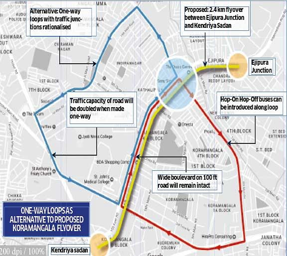 Is there no alternative to a 2.4-km flyover from Kendriya Sadan to Ejipura main road in Koramangala? As the government pushes ahead with this project, residents have proposed two clear seamless closed one-way loops, a solution that entirely negates the need for a flyover.