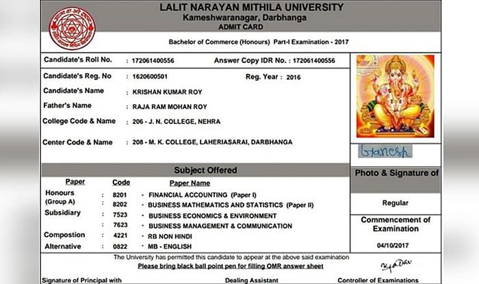 The admit card of Krishan Kumar Roy with photograph and signature of Lord Ganesha.