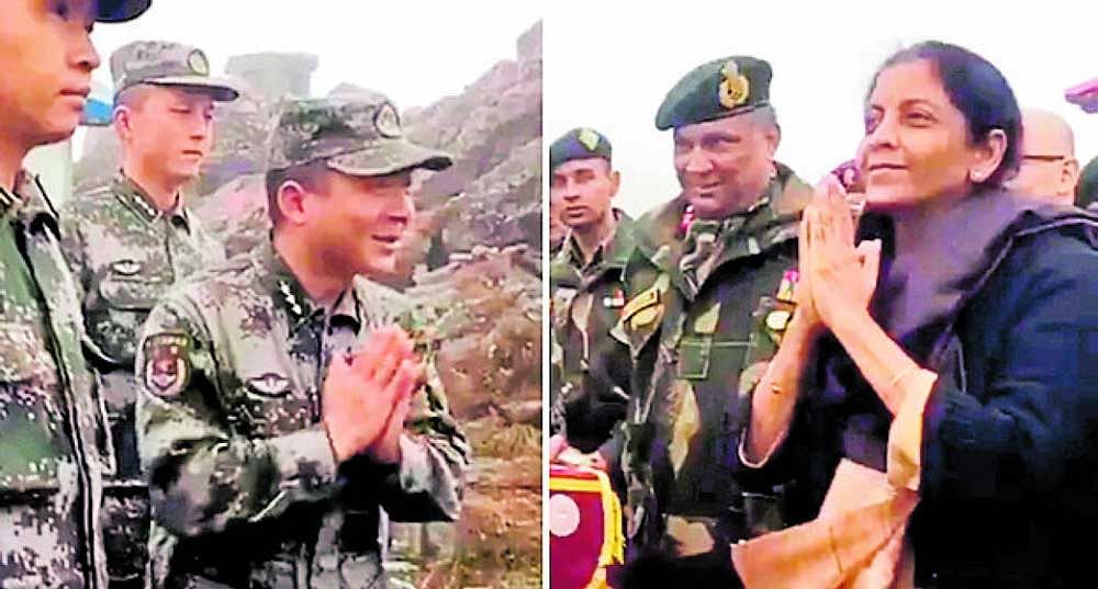 Defence Minister Nirmala Sitharaman, interacting with the Chinese soldiers at the border at Nathu-la in Sikkim on Saturday. PTI