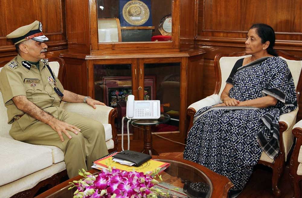 ITBP director PK Pachnanda meeting Defence Minister Nirmala Sitharaman at her office. Twitter photo.