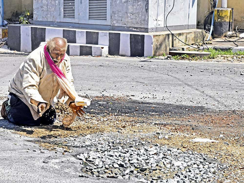 An elderly man fills a pothole on Infantry Road, off Safina Plaza, on Sunday. DH photo