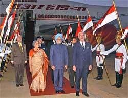Prime Minister Manmohan Singh and his wife Gursharan Kaur arrive at Brasilia Airbase in Brazil on Wednesday. PTI