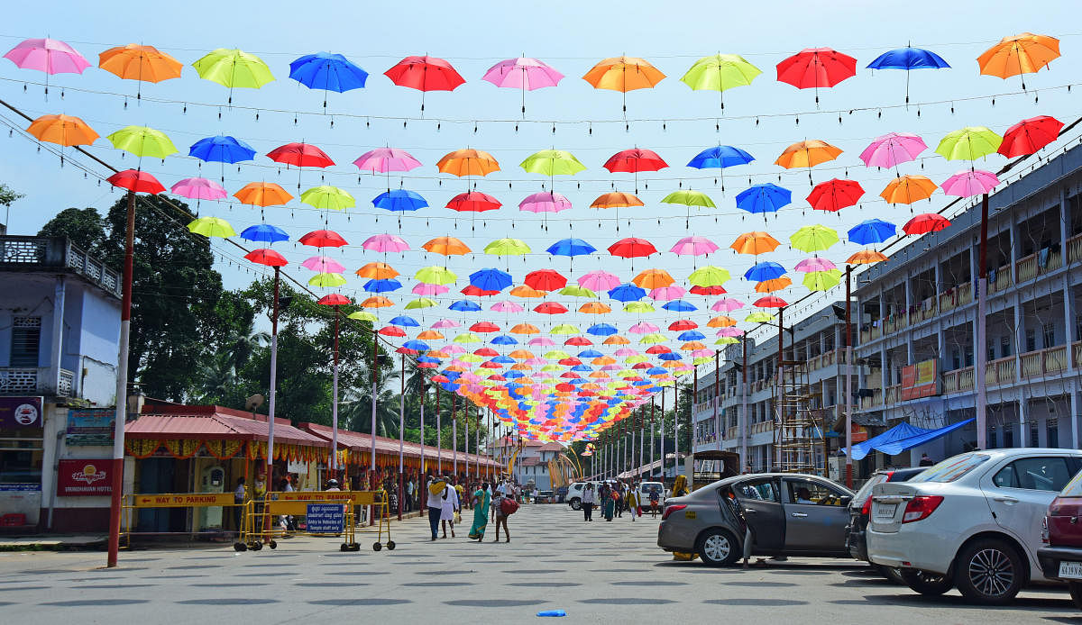 Colourful umbrellas have been used for decorations to welcome Prime Minister Narendra Modi, at Dharmasthala on Sunday.