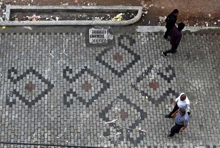 Kasuti patterns found on newly-paved cobblestone in Church Street. DH Photo by S K Dinesh