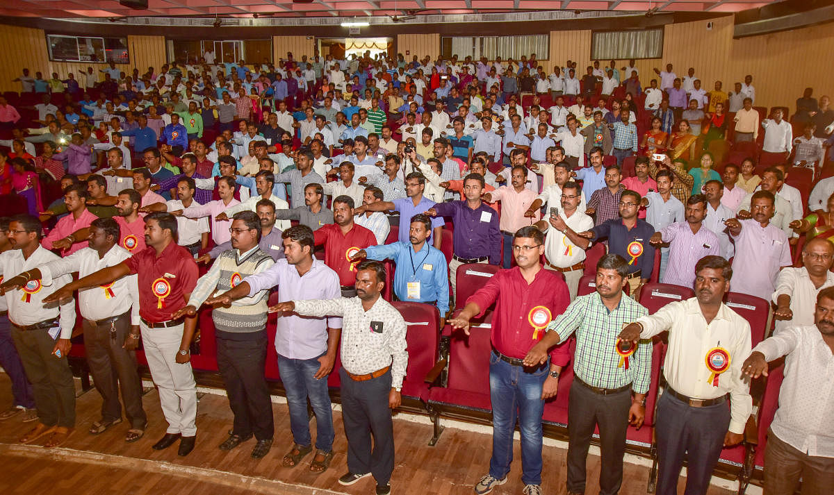 Spectators gathered during inaugural ceremony of Mysuru divissional level NPS workshop, organised by Karnataka Rajya Sarkari NPS Naukarara Sangha, at Kalamandira in Mysuru on Sunday November 12, 2017.- PHOTO / IRSHAD MAHAMMAD