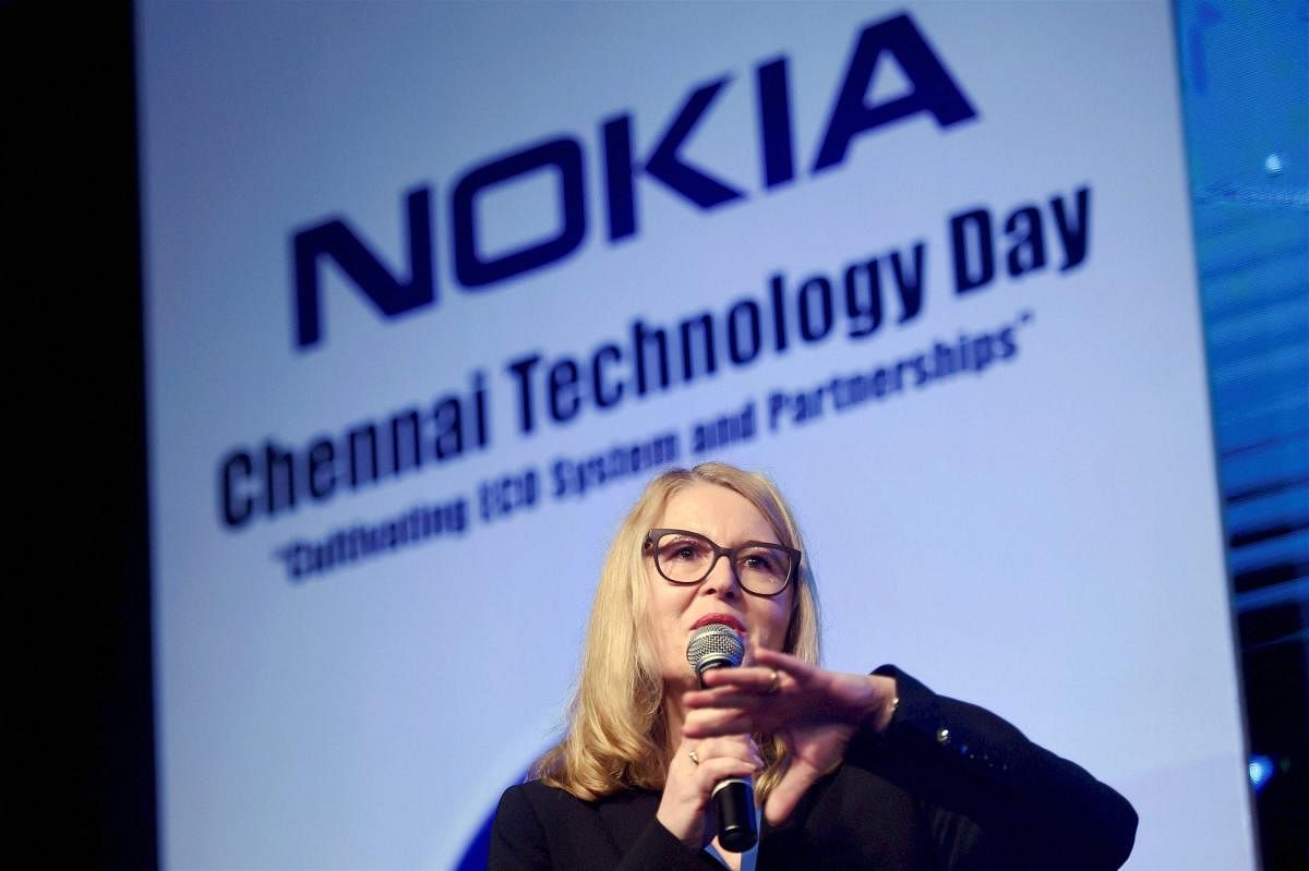 Chennai: Monika Maurer, Chief Operating Officer, Nokia, at the announcement of the production of 5G-ready AirScale Multiband Radio at Nokia Plant, Oragadam on the outskirts of Chennai on Tuesday. PTI Photo by R Senthil Kumar (PTI11_14_2017_000222B)
