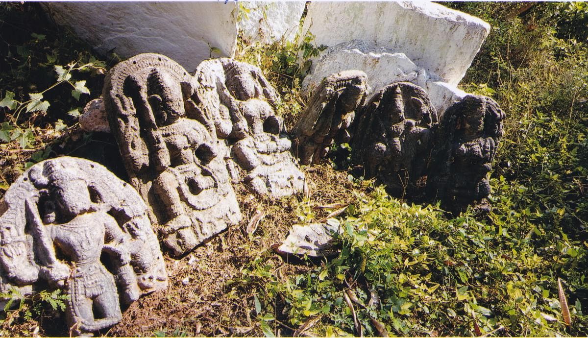The sculptures that were discovered near Bheemanabeedu village, in Gundlupet taluk, recently.