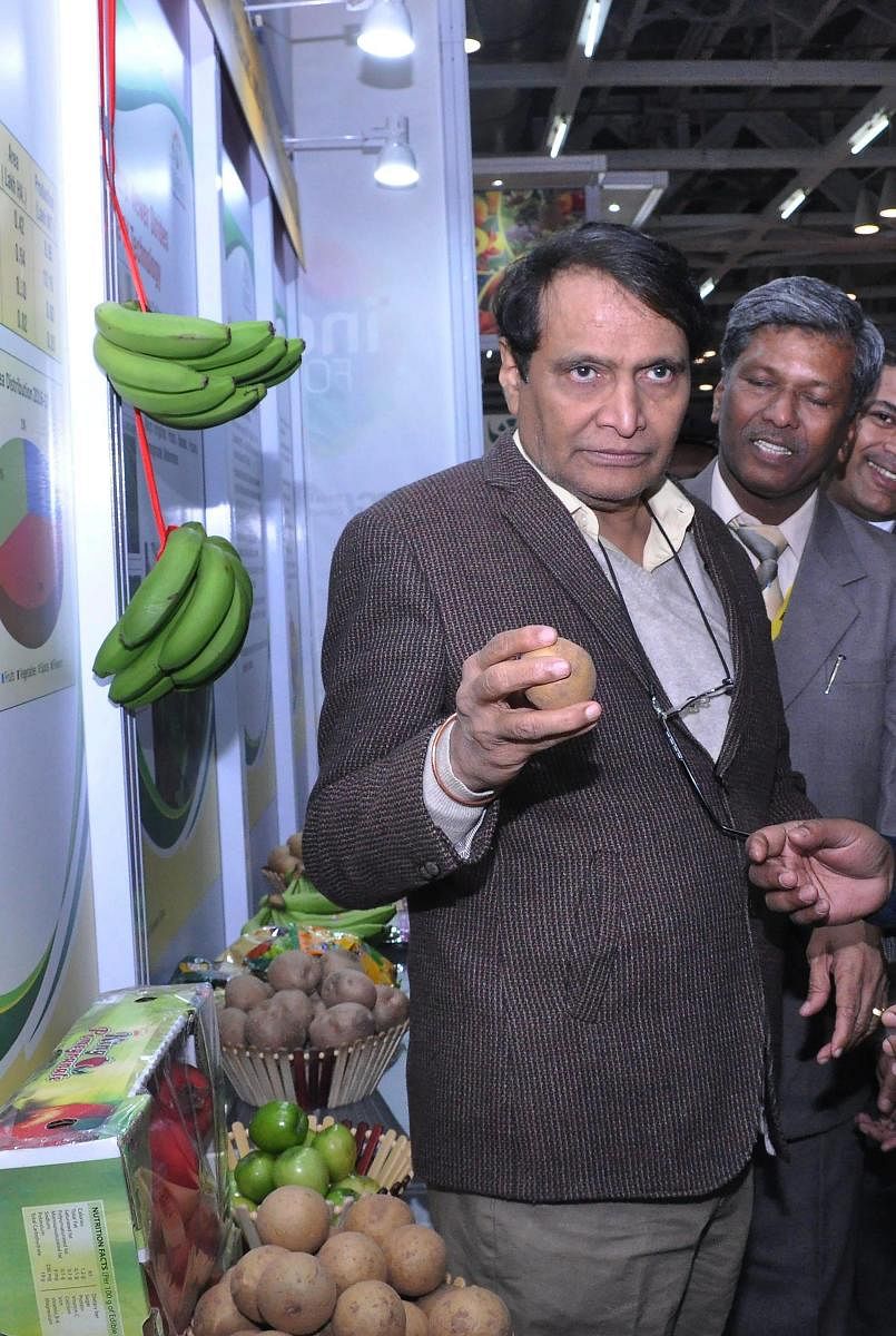 Greater Noida: Commerce and Industry Minister Suresh Prabhu at the inauguration of 'Indus Food' - an international food and beverage trade show at Greater Noida on Thursday. PTI Photo (PTI1_18_2018_000160B)