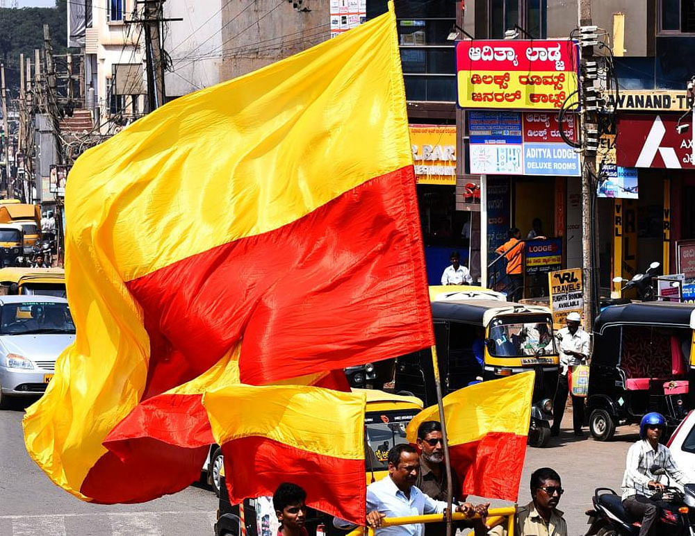 The Kannada flag was designed by Ma Ramamurthy in the 1960s. This flag wdely use by pro-Kannada organisations and hoist during Kannada Rajyotsava on November 1.