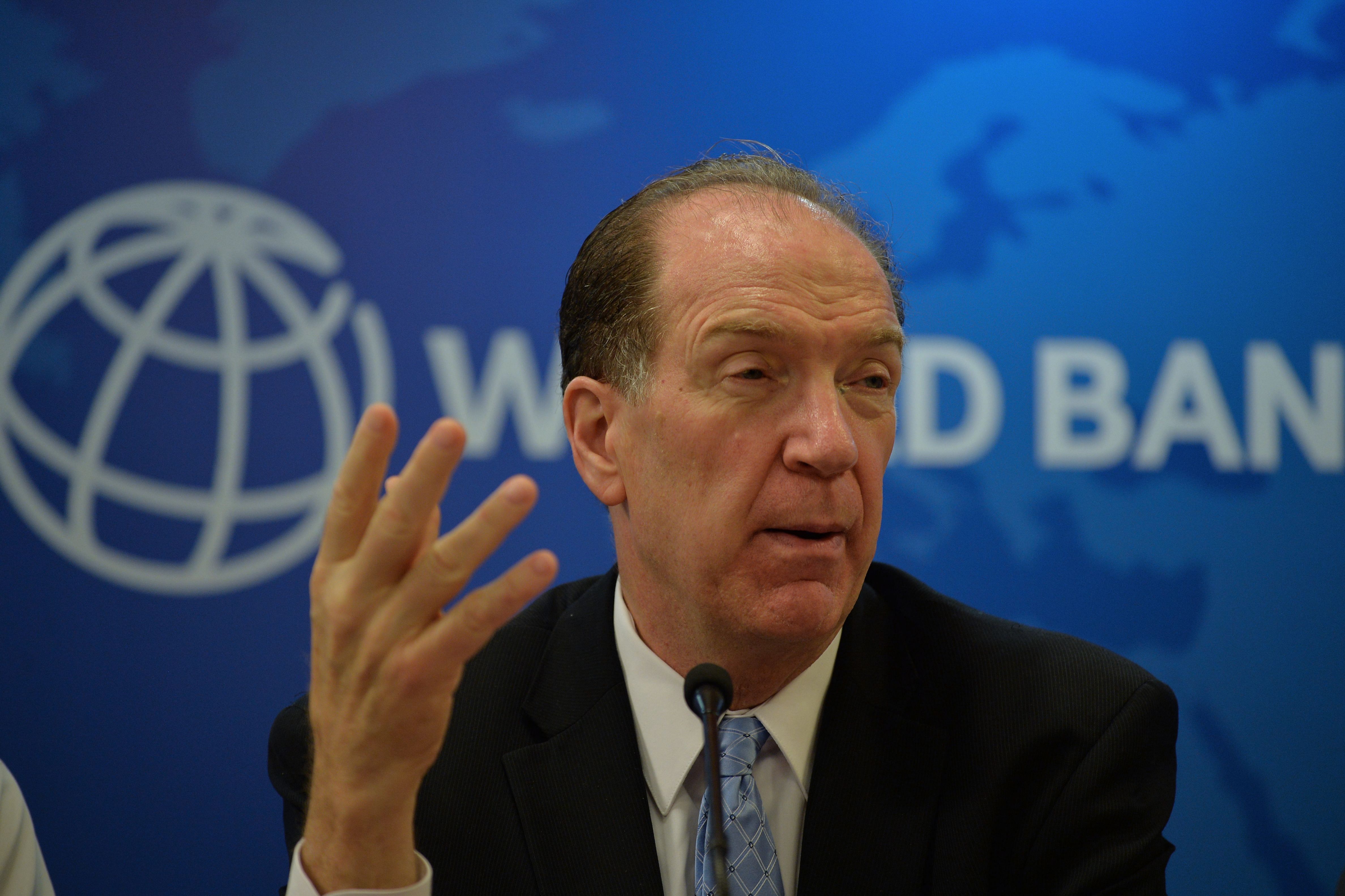 World Bank President David Malpass gestures as he speaks during a press conference at the World Bank office in New Delhi. (AFP Photo)
