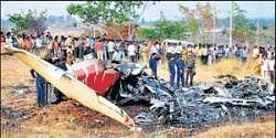 The wreckage of the light transport aircraft Saras which crashed near Bidadi, 40 km from Bangalore. DH Photo