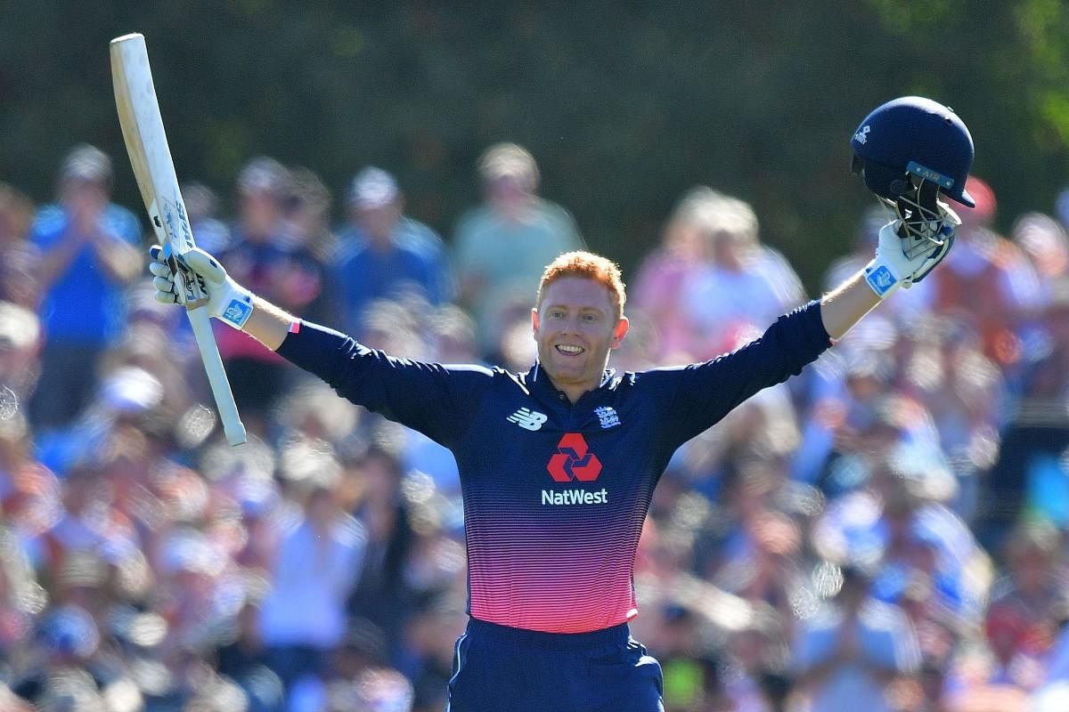 EXPLOSIVE England's Jonny Bairstow celebrates after reaching his century against New Zealand in Christchurch on Saturday. AFP