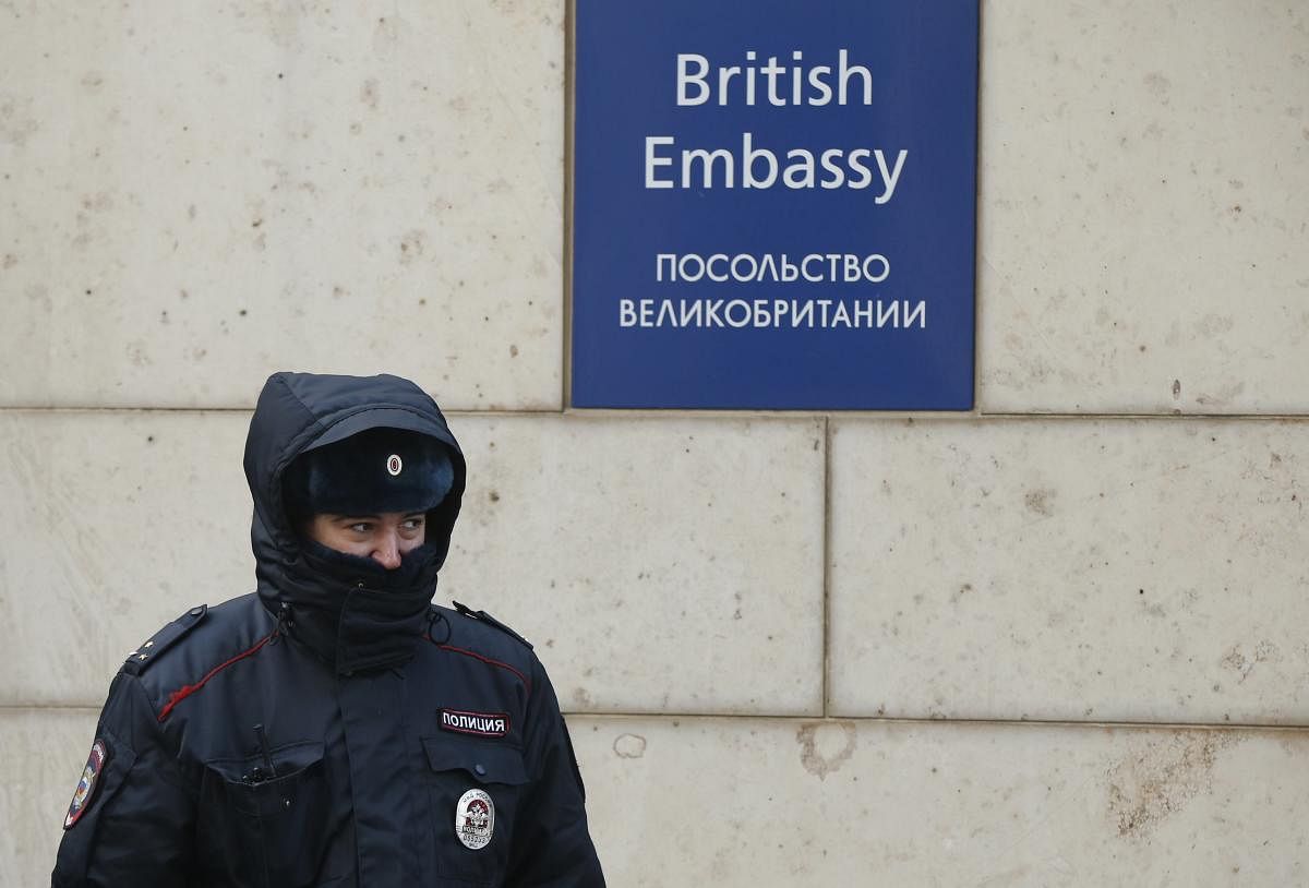 A Russian policeman walks outside the British embassy in Moscow, Russia, March 17, 2018. REUTERS