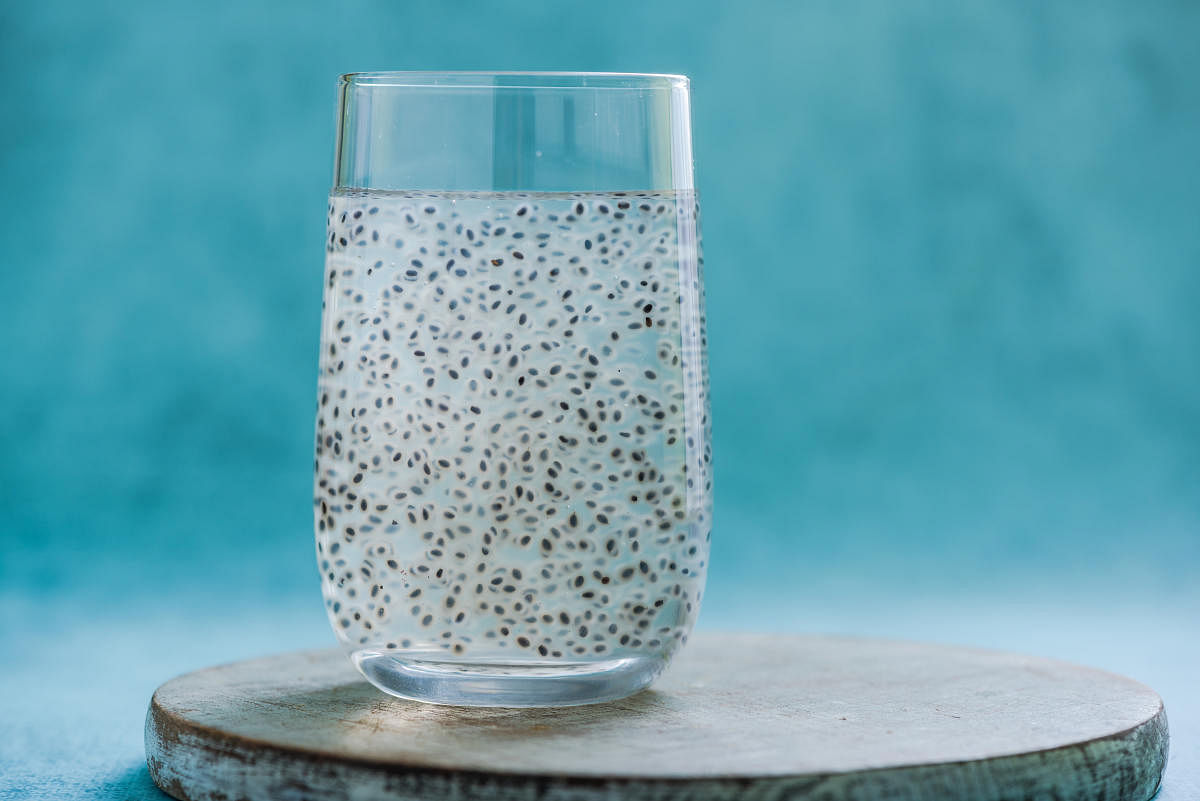 Refreshing coconut water with basil seeds.