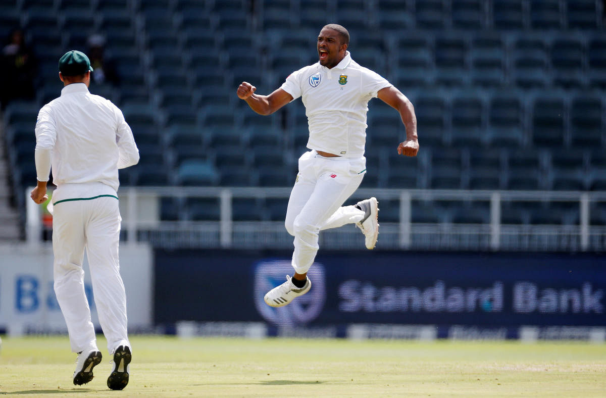 South Africa paceman Vernon Philander celebrates after dismissing Australia's Chad Sayers on the fifth day of the fourth Test in Johannesburg on Tuesday. Reuters