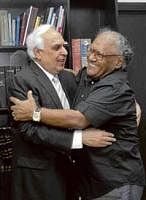 Happy To See You: Union Minister for Human Resources Development Kapil Sibal and JNCASR Founder President and scientific advisor to the Prime Minister C N R Rao greet each other during the inauguration of students residences at JNCASR in Bangalore on Saturday. DH Photo