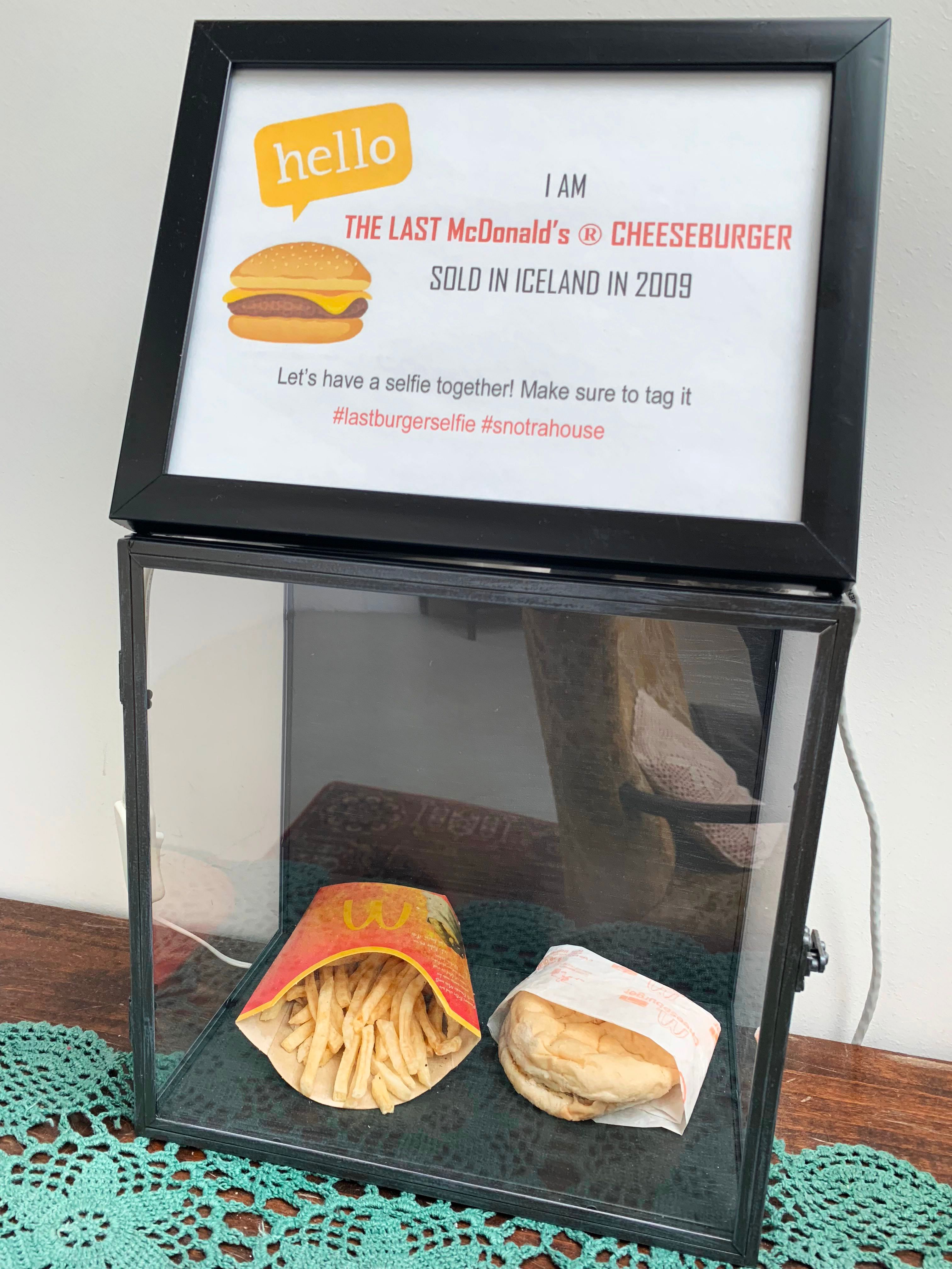 A burger with a side of fries protected in a glass case, belonging to Iceland's Hjortur Smarason, is on display in the Snotra House, a hostel in Thykkvibaer, southern Iceland. (AFP Photo)