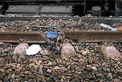 A damaged portion of a railway track after Gyaneshwari Express train derailed and collided with an oncoming goods train following an explosion on the track at Saridha on Friday. PTI