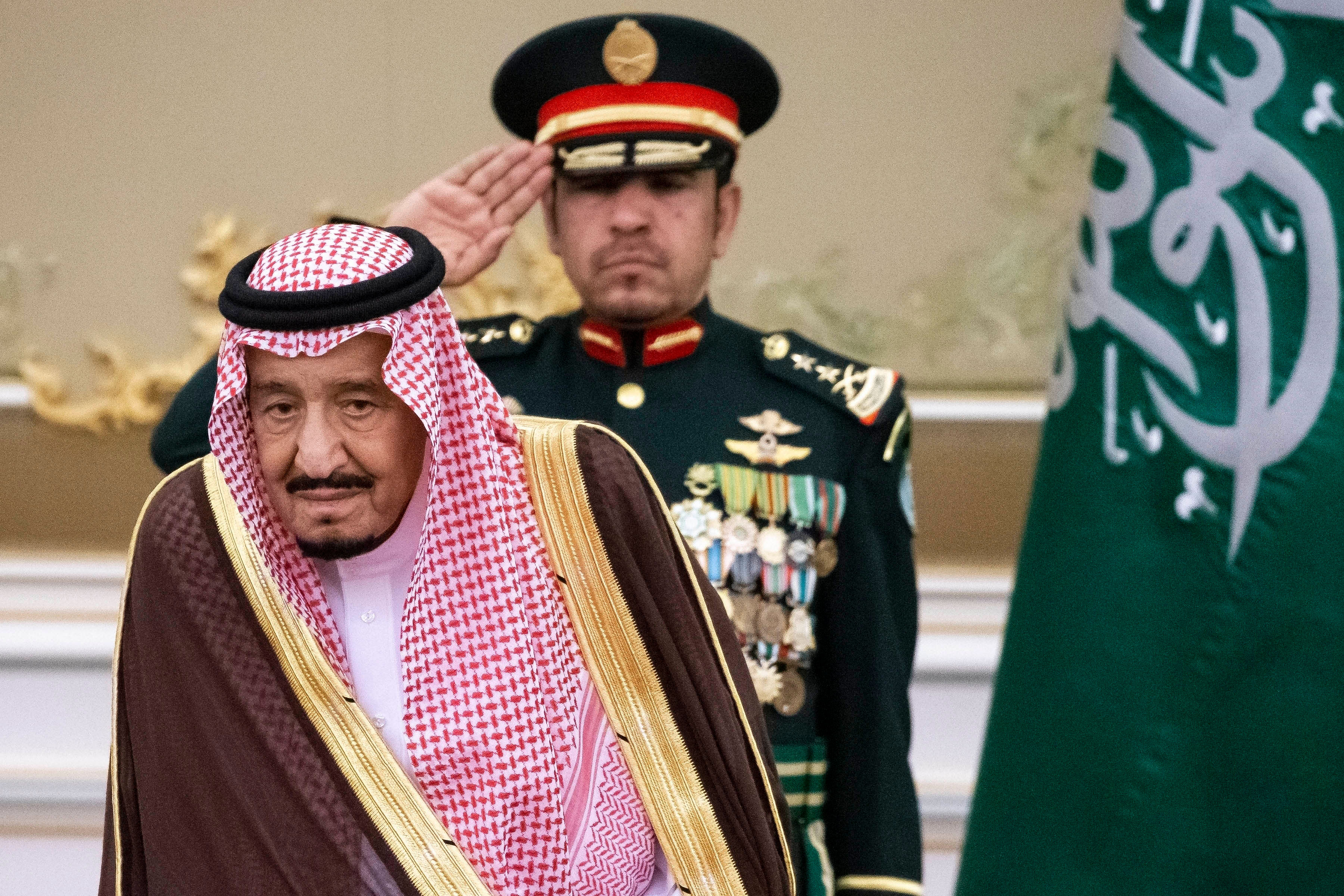 Saudi Arabia's King Salman attends the official welcome ceremony for Russian President Vladimir Putin in Riyadh, Saudi Arabia. (AP file photo)
