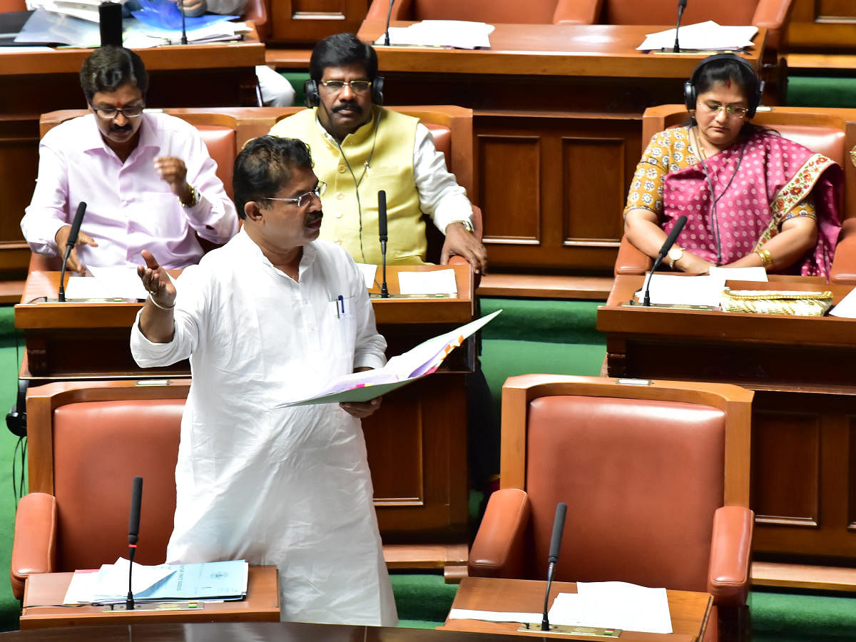 Revenue Minister Ashoka replies to a question in Legislative Assembly in Bengaluru on Monday.