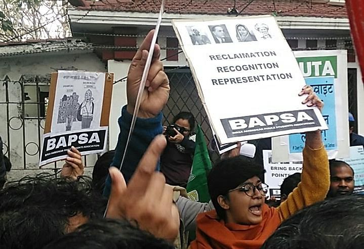 From protest march against department-wise roster system in universities and colleges, at Parliament street in New Delhi on Thursday (Twitter/@Tejaswi2406)