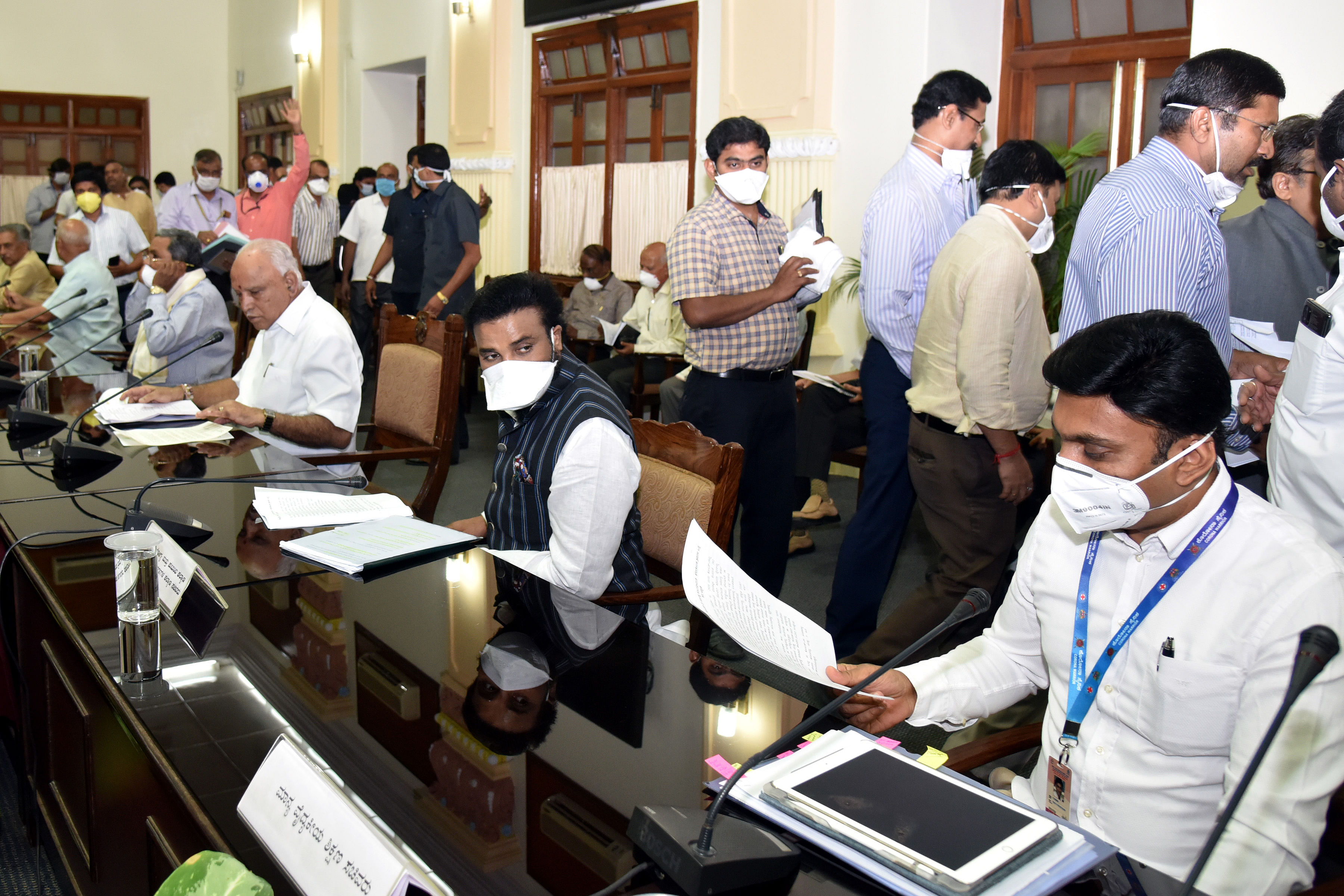 B S Yediyurappa, Chief Minister charing all party meeting discussion on prevention of Caronavirus, Covjd-19 lockdown, at Vidhana Soudha in Bengaluru. (DH Photo)