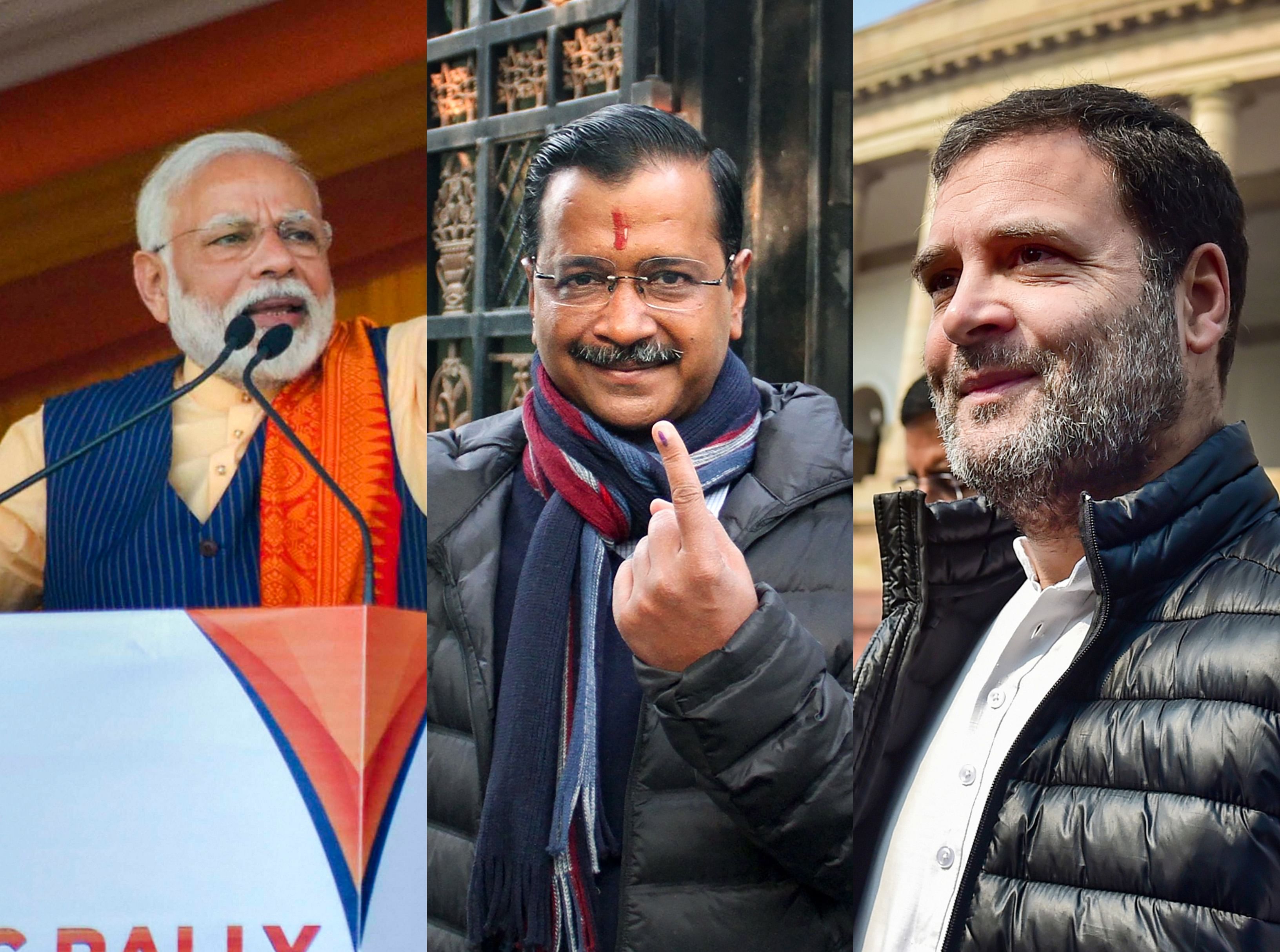Narendra Modi, Arvind Kejriwal and Rahul Gandhi. (PTI Photo)