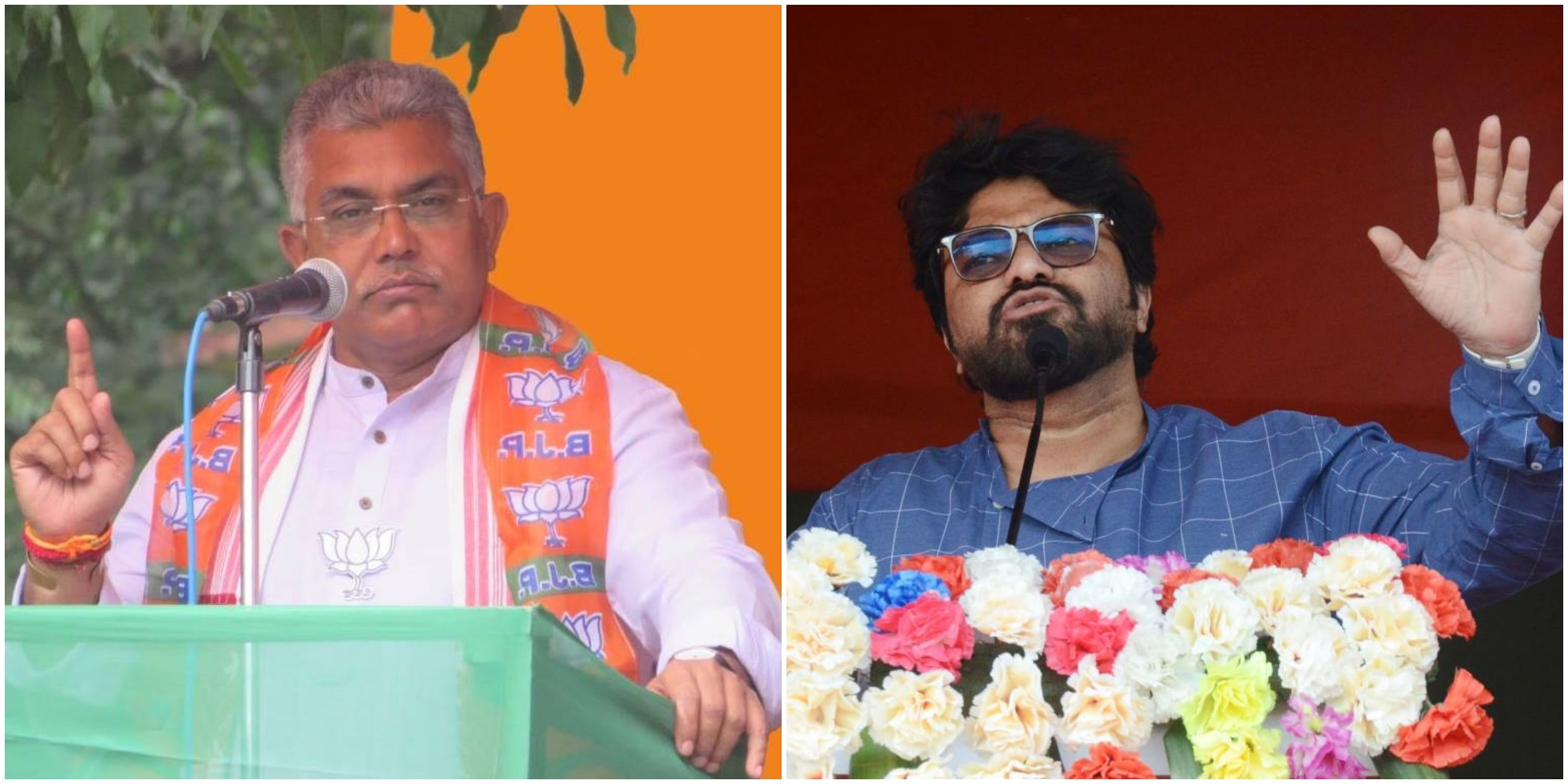 Bengal BJP leaders Dilip Ghosh (R) and Babul Supriyo (L); BJP wants to give the impression that some in the Bengal unit of the party are 'cultured', others 'uncultured' and they are fighting for dominance. (Photo credit: Twitter/AFP)