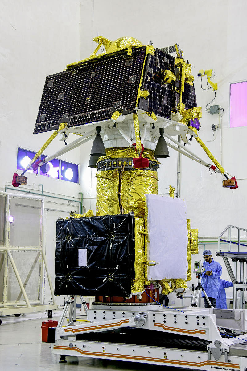 Vikram Lander is seen mounted on the orbiter of Chandrayaan-2, India's first moon lander and rover mission planned and developed by ISRO, at the launch center in Sriharikota. PTI file photo
