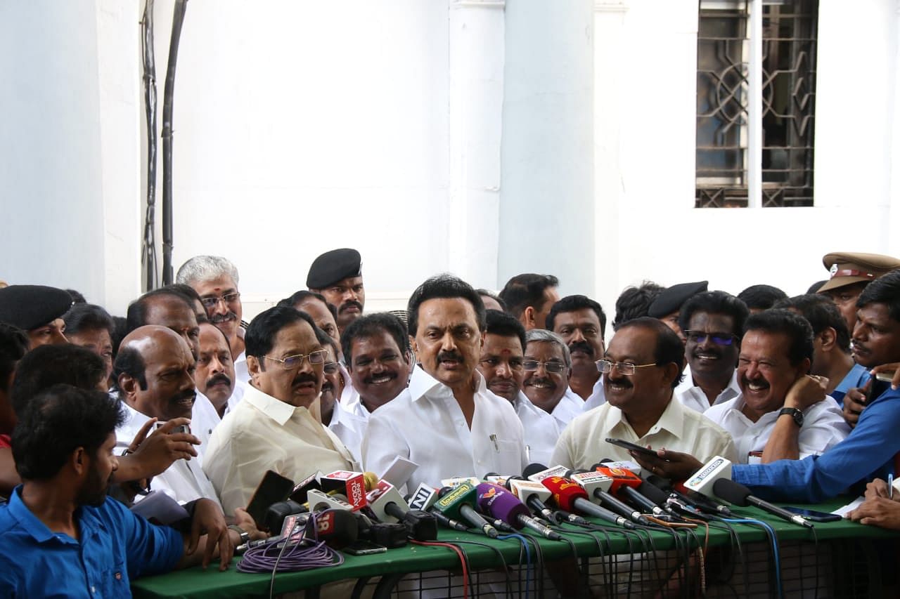 DMK President M K Stalin speaking to reporters after staging a walk out from Tamil Nadu Assembly on Monday. (Photo: DMK)