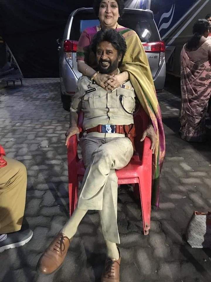 Indian actor and Kollywood 'Superstar' Rajinikanth with his wife, Latha Rajinikanth, on the sets of his upcoming movie 'Darbar' (Twitter Image)