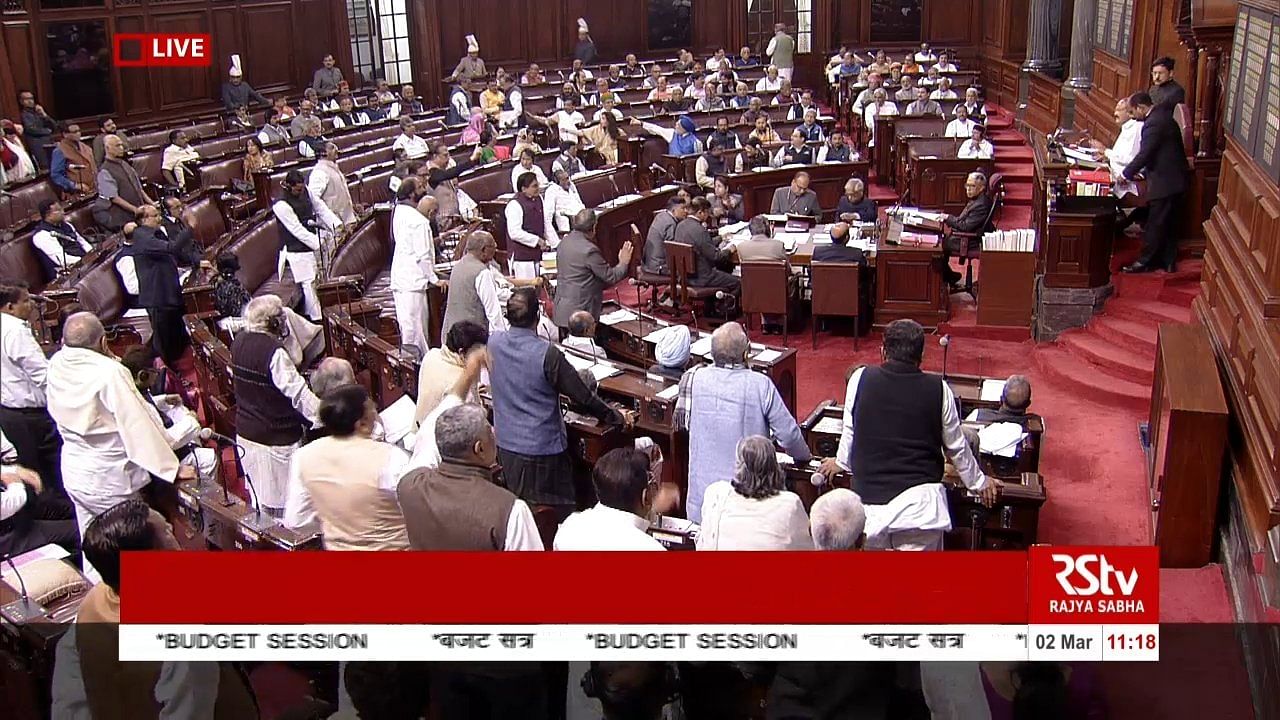 The whole Opposition was on their feet demanding a discussion on Delhi riots. (Photo: Screengrab/RSTV)