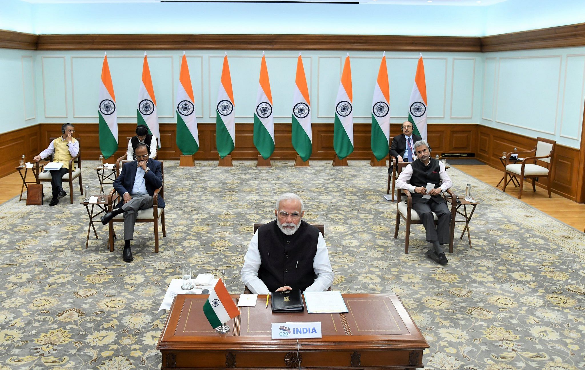 Prime Minister Narendra Modi interacts with fellow world leaders during the virtual G20 Summit, to advance a coordinate global response to the COVID-19 pandemic, and it’s human & economic implications, in New Delhi. (Twitter Image/@MEAIndia)