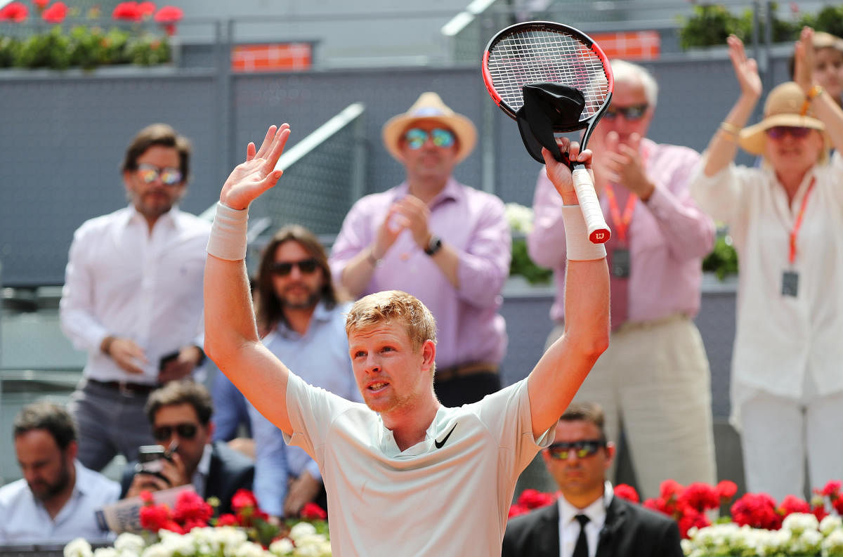 BIG WIN: Britain’s Kyle Edmund celebrates after defeating Serbia's Novak Djokovic in the Madrid Open on Wednesday. Reuters