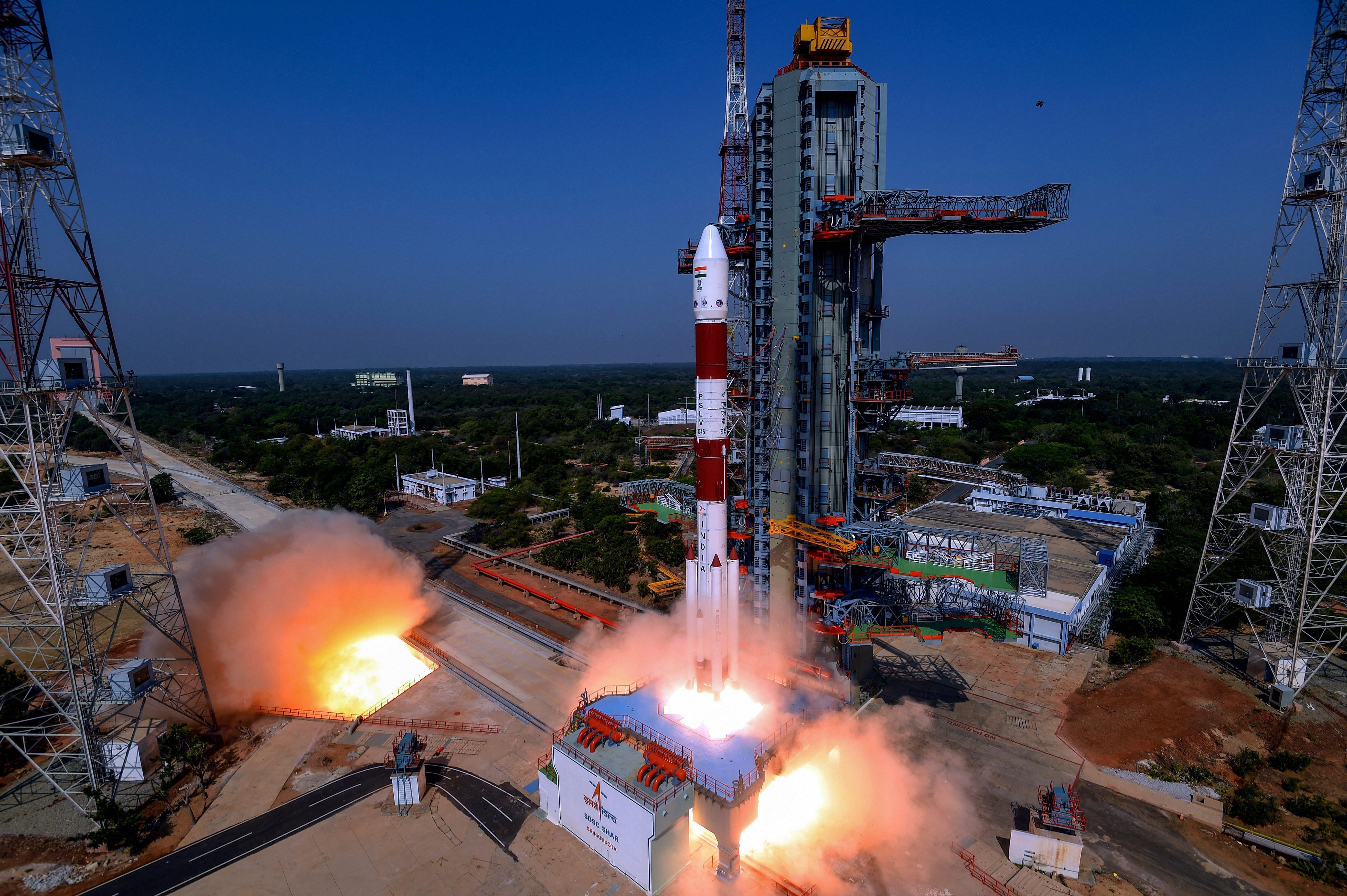 Indian Space Research Organisation (ISRO)’s PSLV-C45 carrying EMISAT and 28 other satellites lifts off from the Satish Dhawan Space Centre in Sriharikota, Monday, April 1, 2019. (ISRO/ PTI Photo)