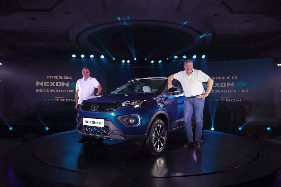 Guenter Butschek (left), CEO & Managing Director, Tata Motors, and Shailesh Chandra, President – Electric Mobility Business & Corporate Strategy, Tata Motors, during the unveiling of the Nexon EV