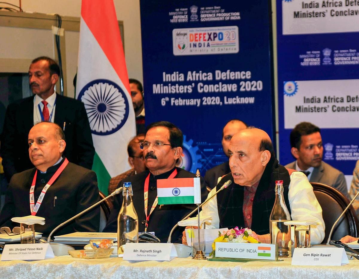 Defence Minister Rajnath Singh speaks while chairing the first India-Africa Defence Ministers' Conclave 2020 on the sidelines of DefExpo 2020 in Lucknow, Thursday, Feb. 6, 2020. Also seen are Minister of State for Defence Shripad Naik and Defence Secretary Ajay Kumar (L). PTI