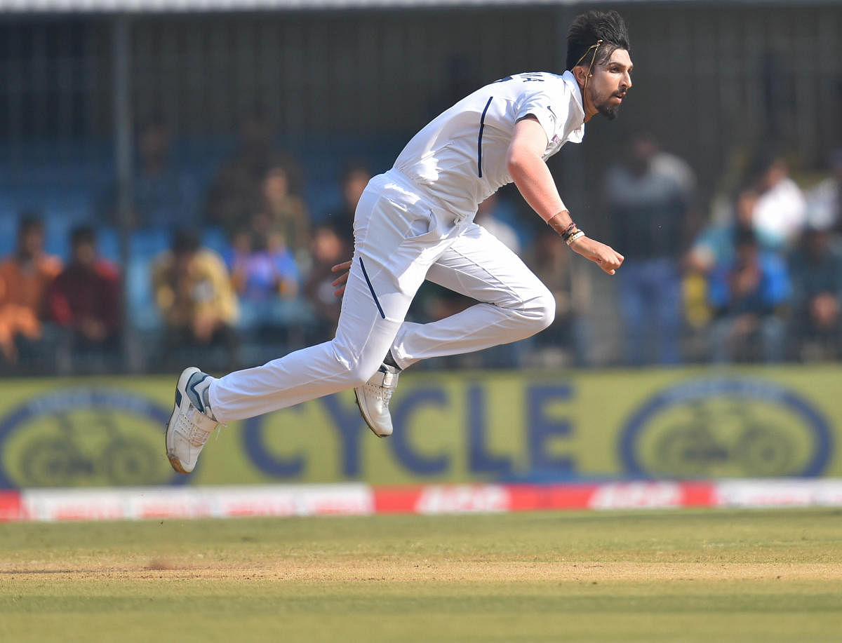 Indian bowler Ishant Sharma in action against Bangladesh on day 3 of their first cricket test match in Indore. PTI